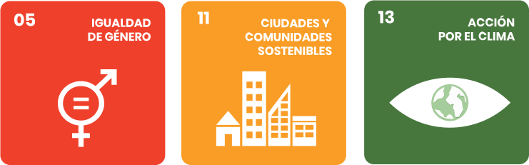 Icons representing United Nations Sustainable Development Goals: Gender Equality with gender symbols, Sustainable Cities and Communities with buildings, and Climate Action with an eye showing Earth.