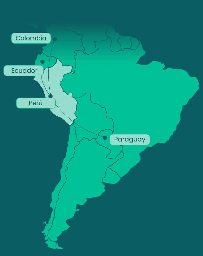 Mapa de Latinoamérica con presencia en Perú, Colombia, Ecuador y Paraguay